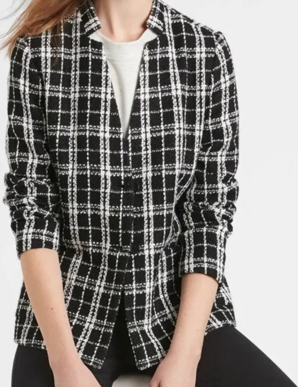 BANANA REPUBLIC Black White Plaid Check Tweed Blazer Jacket Small